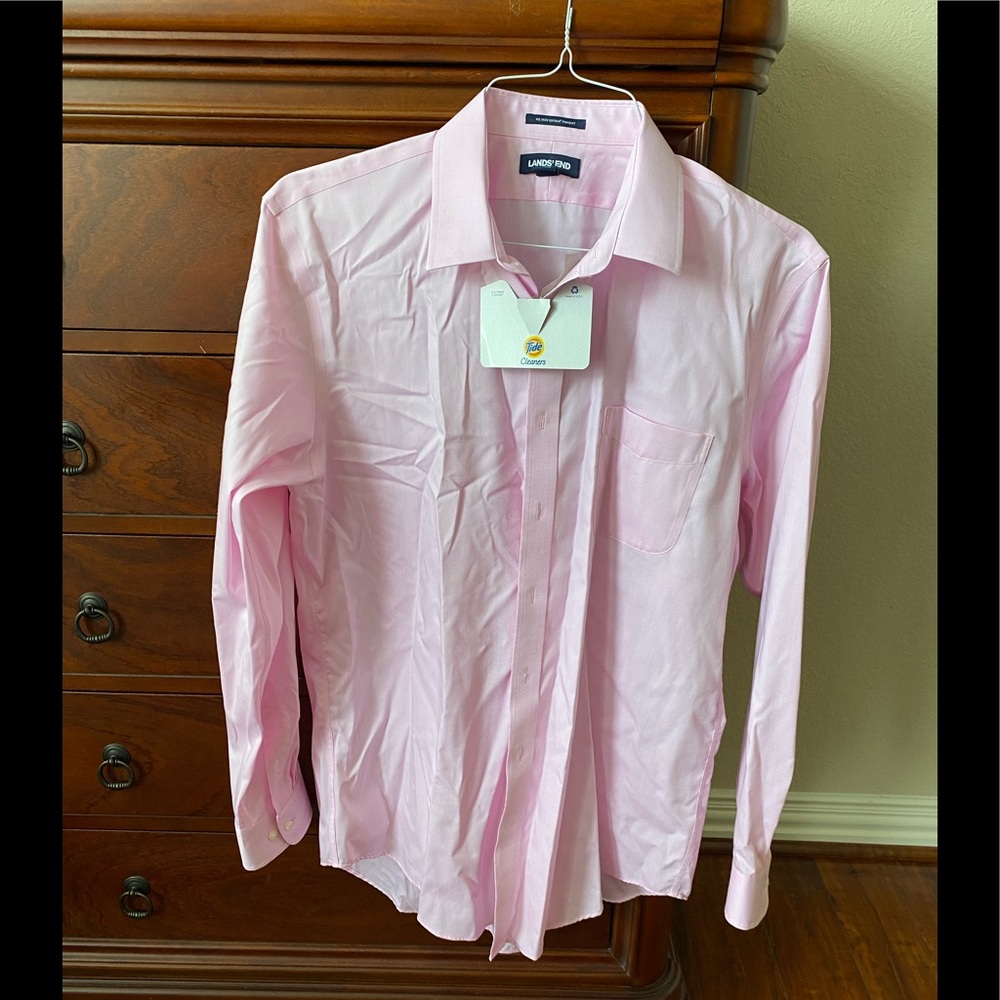 Land’s End men’s pink, tailored fit, open collar Supima cotton dress shirt.